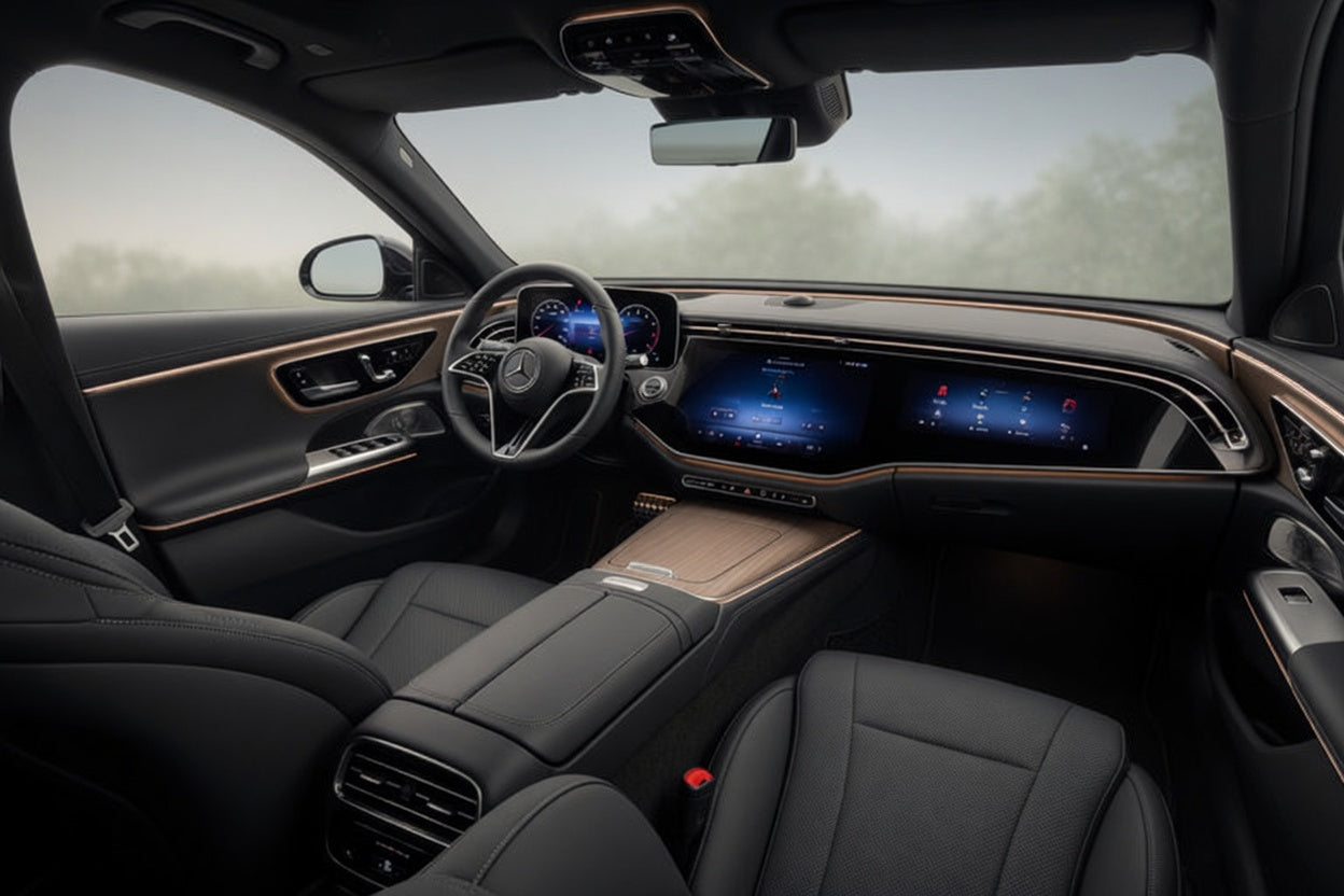 2025 Mercedes-Benz E450 cabin from the rear seats, steering wheel visible
